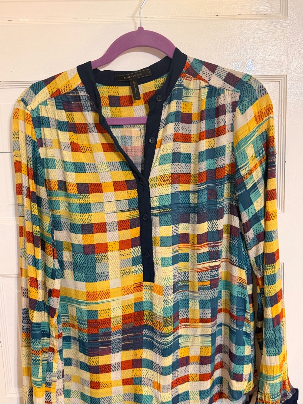 BCBGMaxAzria Multicolor Checker Print Blouse with Navy Trim